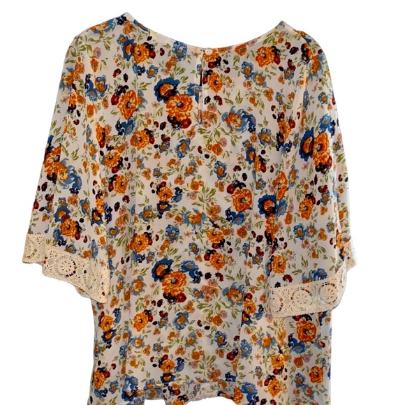 EVERLEIGH Boho top w/lace on a fall floral pattern w/swing sleeves L - Picture 5 of 8